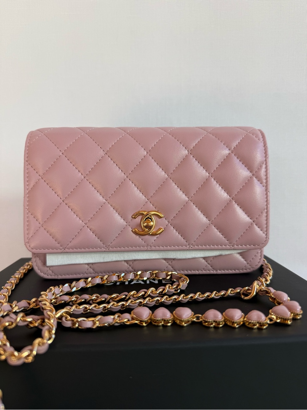 CHANEL Pink Quilted Lambskin Crossbody with Gold Chain